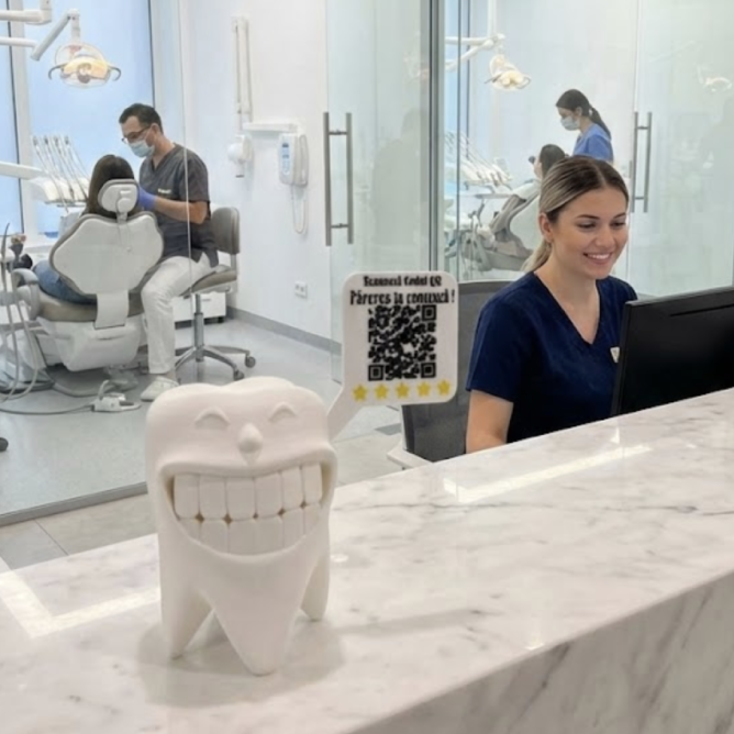 Suport recenzii Google in forma de dinte pentru stomatologi